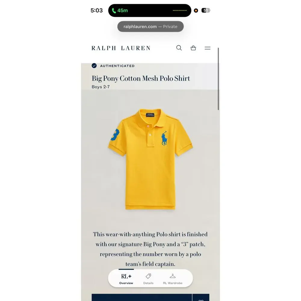 Ralph Lauren 3/3T Big Pony Cotton Mesh Yellow with Big Blue logo Polo Shirt